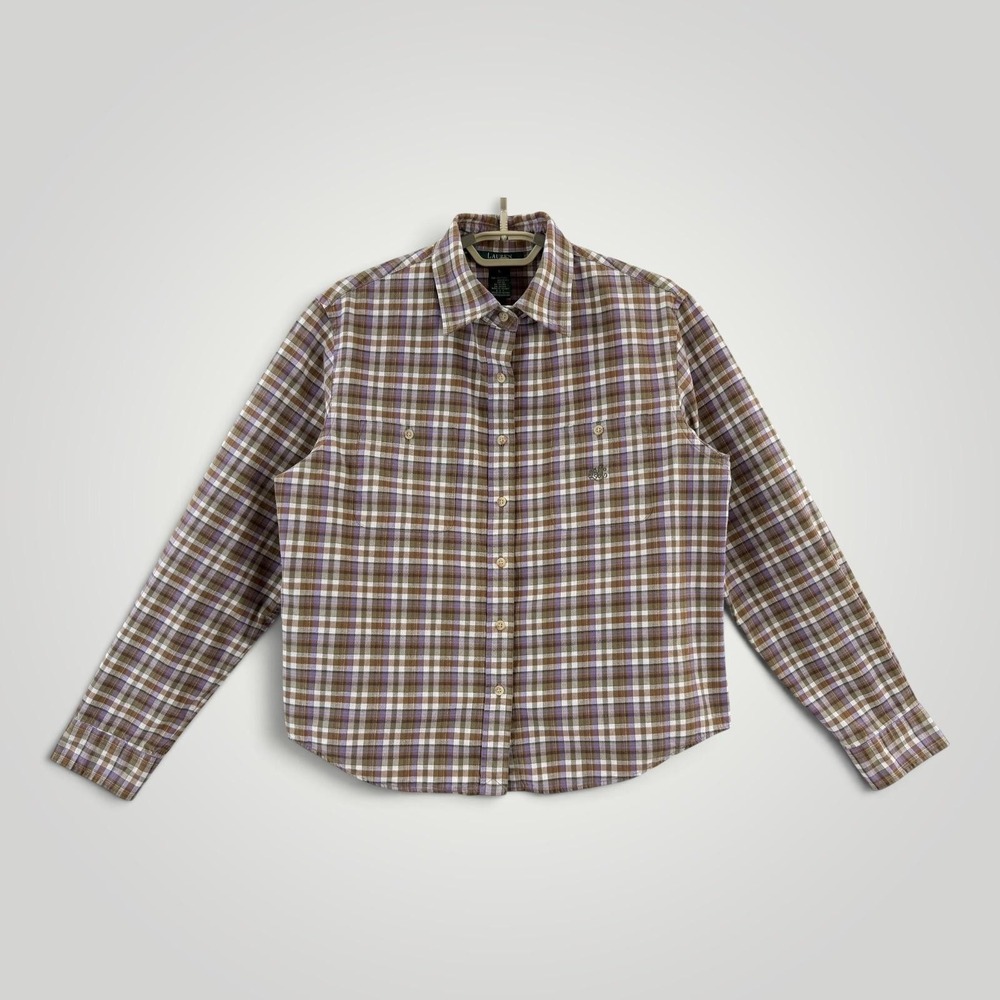 Lauren Ralph Lauren Shirt Womens L Brown Plaid Embroidered Cotton Button Up
